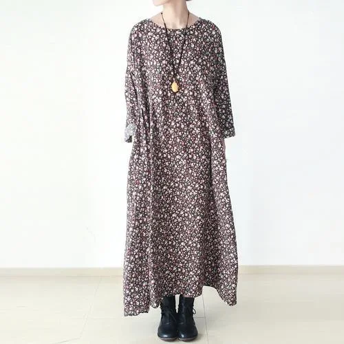 fall brown plus size floral cotton dresses long sleeve maxi dress gown