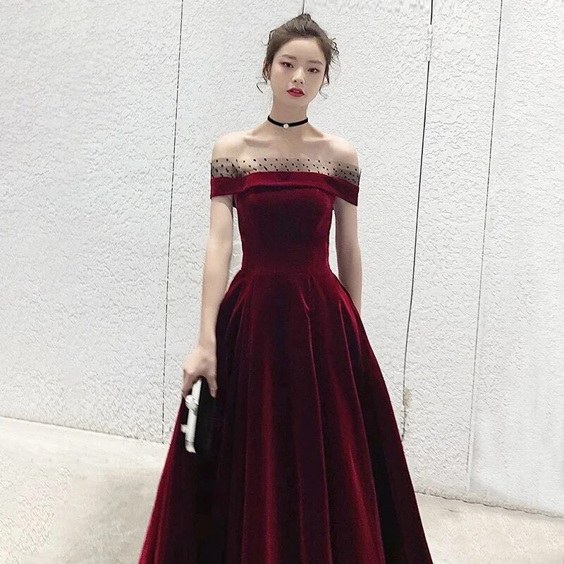 2022-prom-gowns-burgundy-black-velour-boat-neck-dots-lace-a-line-lace-up-tea-length-plus-size-customized-women-party-dresses-a002