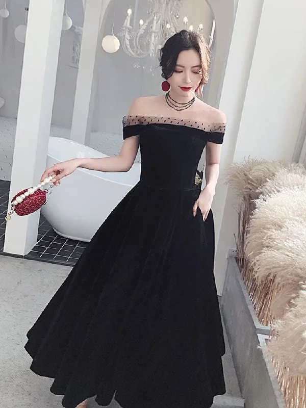 2022-prom-gowns-burgundy-black-velour-boat-neck-dots-lace-a-line-lace-up-tea-length-plus-size-customized-women-party-dresses-a002