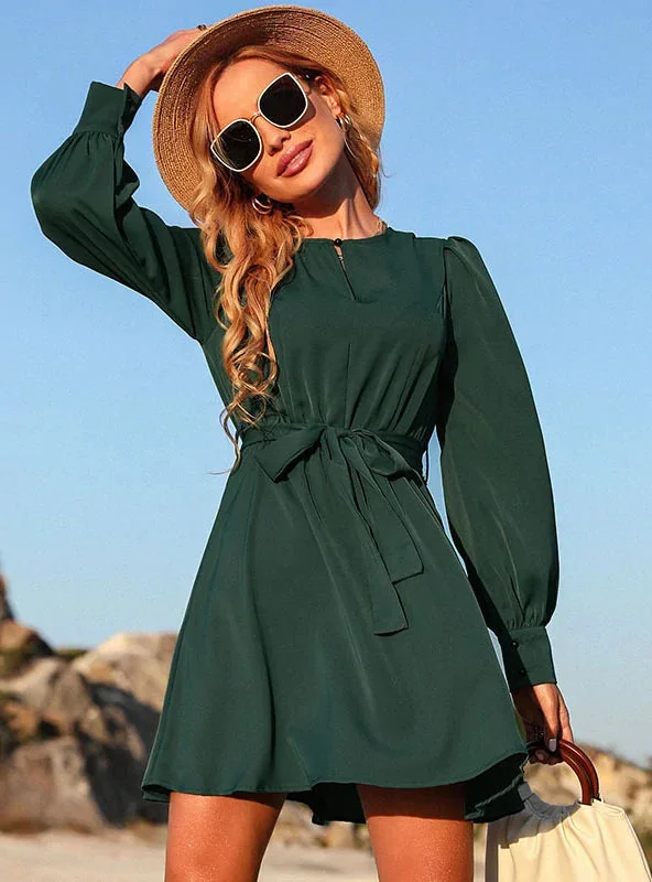 TastyHottie - ROUND NECK LONG SLEEVE GREEN DRESS