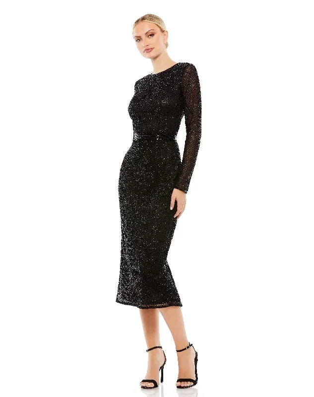 Long Sleeve Lattice Beaded Midi Cocktail Dress