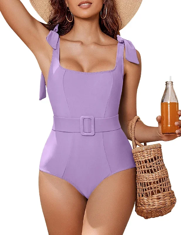 AI'MAGE Womens One Piece Swimsuit Belted Tummy Control Square Neck Tie Shoulder Swim Suits Purple