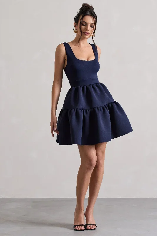 Alia | Navy Scoop-Neck Tiered Volume Hem Mini Dress