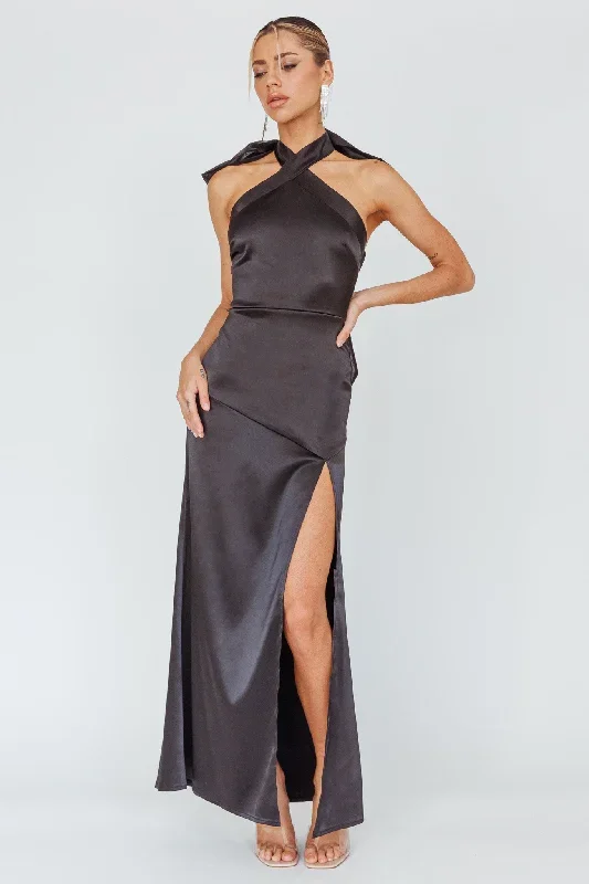 Andria Halterneck Bow Satin Maxi Dress Black