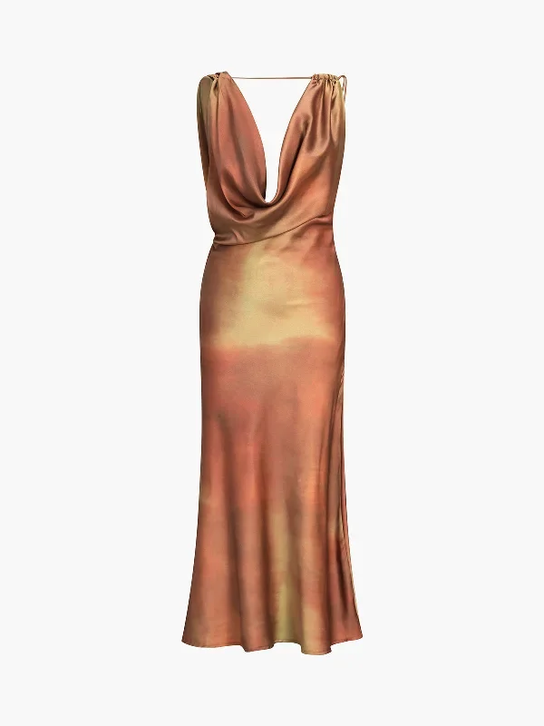 Aperol Spritz Cowl Neck Satin Long Dress