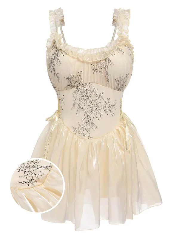 Beige 1930s Organza Ruffle One-Piece Swimsuit