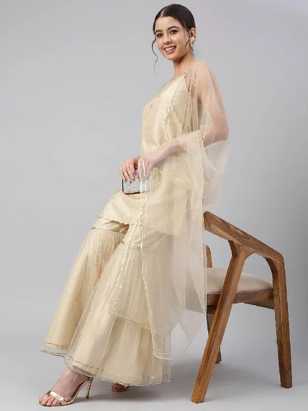 Beige Poly Silk Embellished Kurta with Gharara and Dupatta