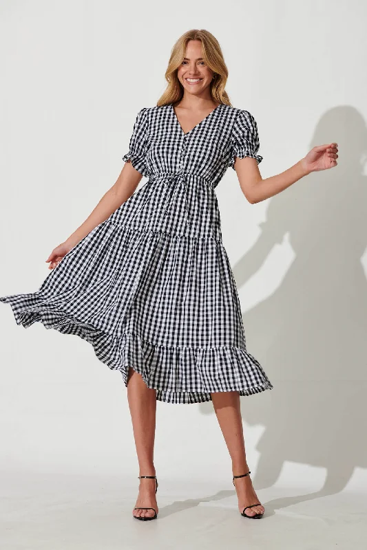 Belarus Midi Dress In Black Gingham Cotton