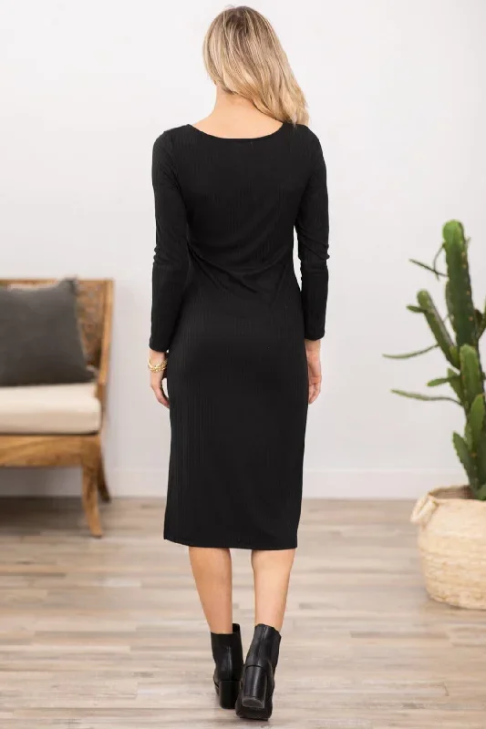 black-asymmetrical-neckline-midi-dress