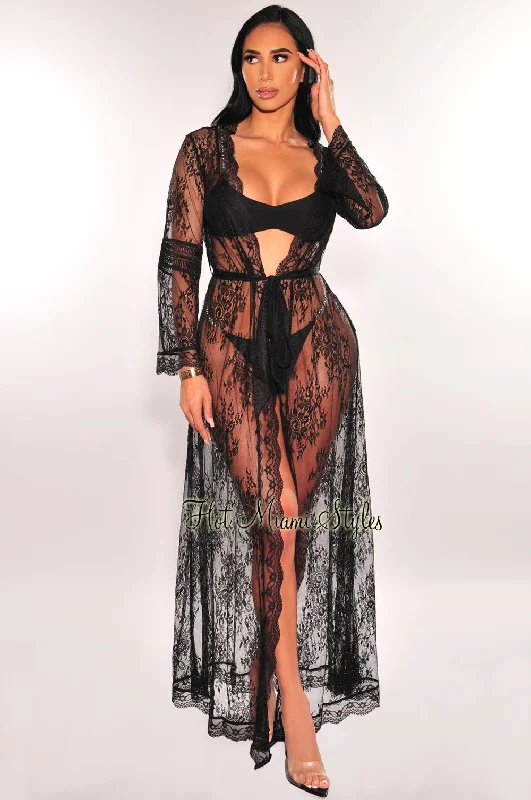 Black Floral Lace Crochet Sheer Tie Up Cover Up