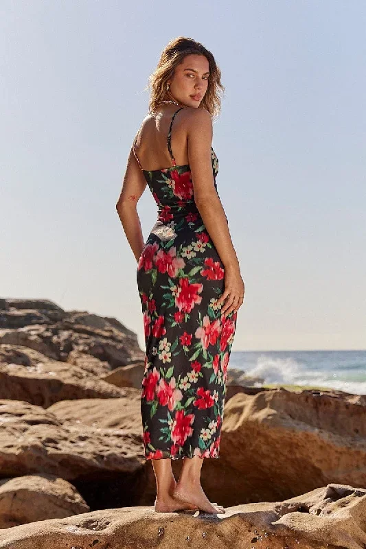 Black Floral Maxi Dress Sleeveless Bodycon Mesh