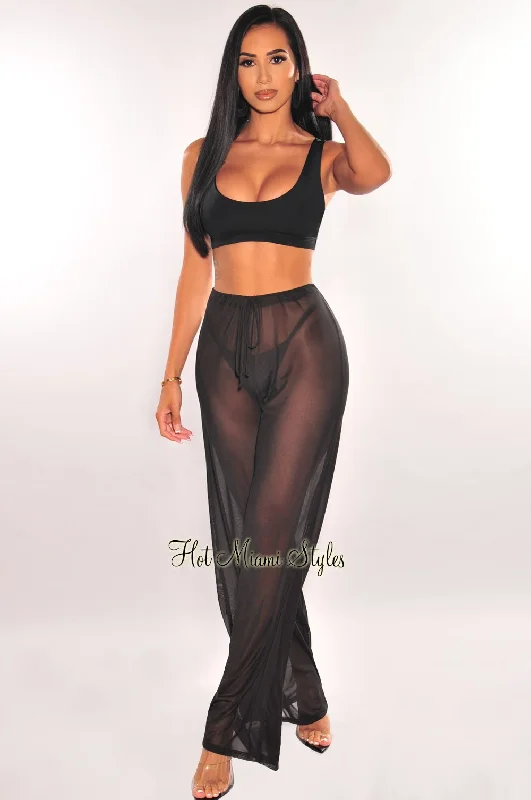 Black Mesh Drawstring Palazzo Cover Up Pants