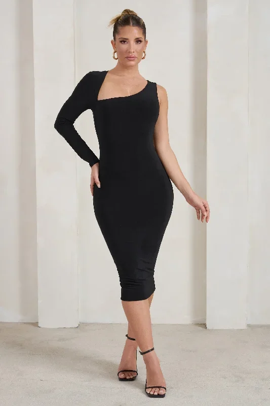 black-one-shoulder-bodycon-midi-dress