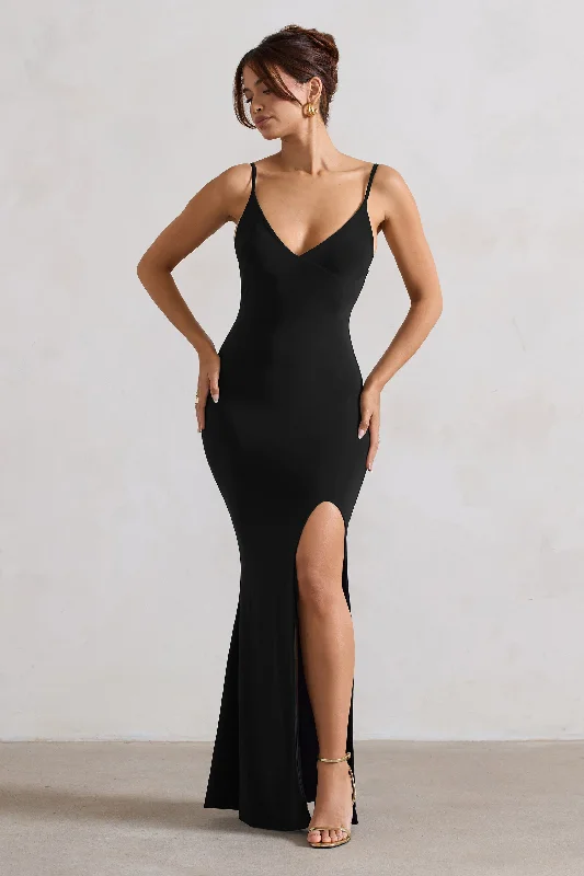 Love Shy | Black Plunge Neck Maxi Dress With Split Detail