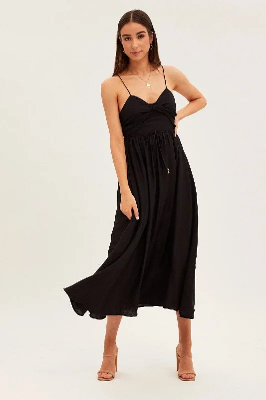 Black Twist Front Detail Satin Maxi Dress