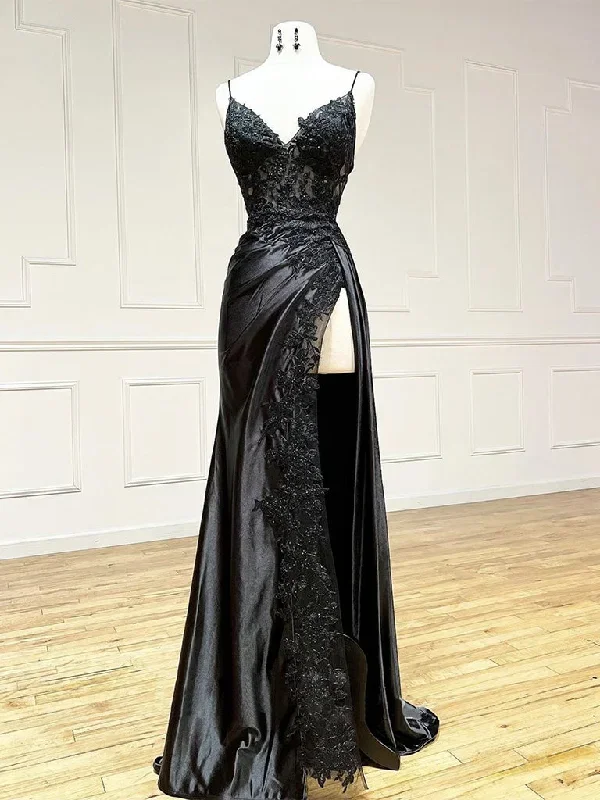 black-v-neck-satin-lace-long-prom-dress-black-lace-long-evening-dress-1