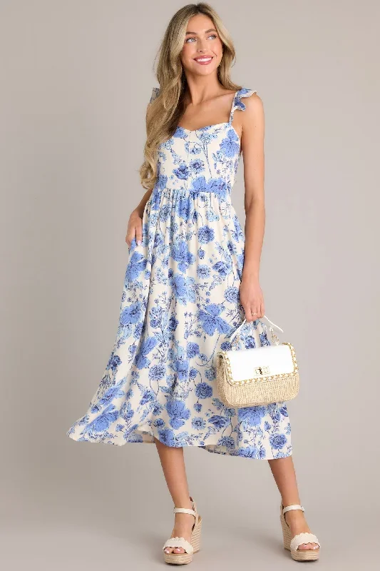 Blossoms Of Belief Ivory & Blue Floral Midi Dress (BACKORDER JUNE)