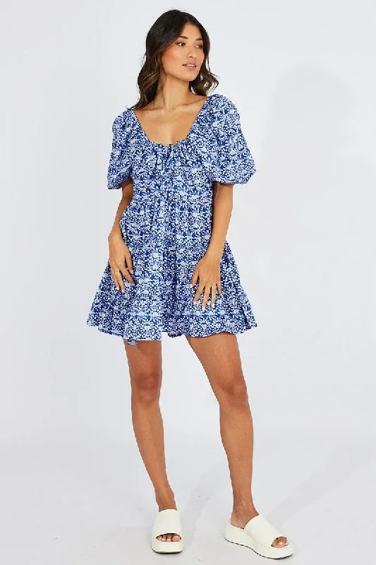 Blue Floral Fit And Flare Mini Dress Puff Sleeve