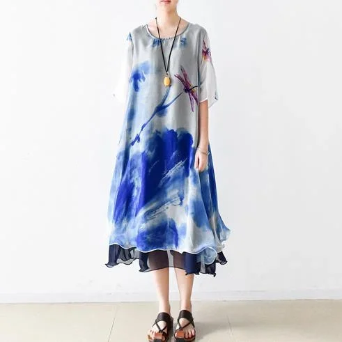 blue print summer maxi dress oversize chiffon sundress casual short sleeve holiday dresses