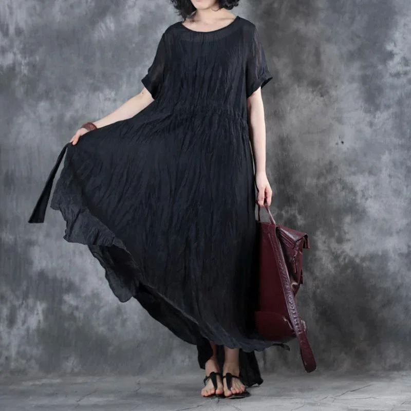 Boutique Black Long Linen Dresses Oversize Side Open Linen Clothing Dresses New Short Sleeve Maxi Dresses