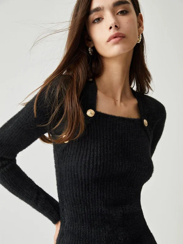 button-detail-long-sleeve-ribbed-knit-short-sweater-dress