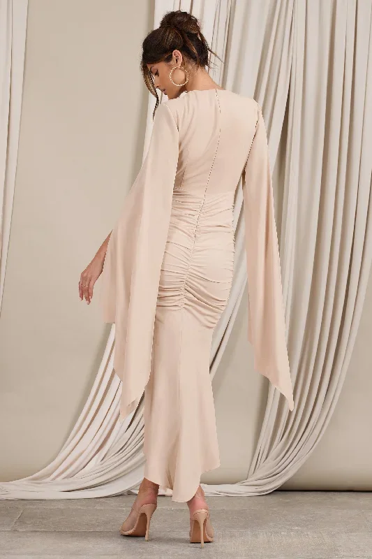 calla-champagne-ruched-long-sleeved-flared-midi-dress-cl128441059