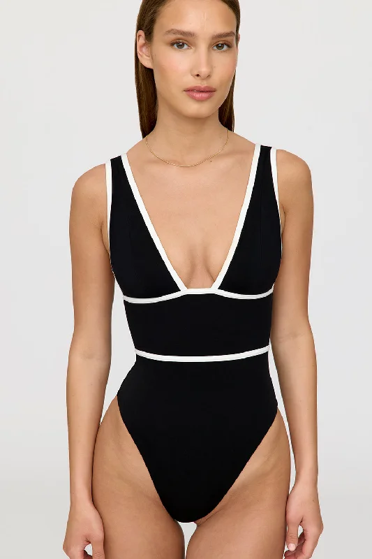 CAP-FERRAT CONTRAST TRIM PLUNGE NECK SHAPING SWIMSUIT - SHADOW BLACK