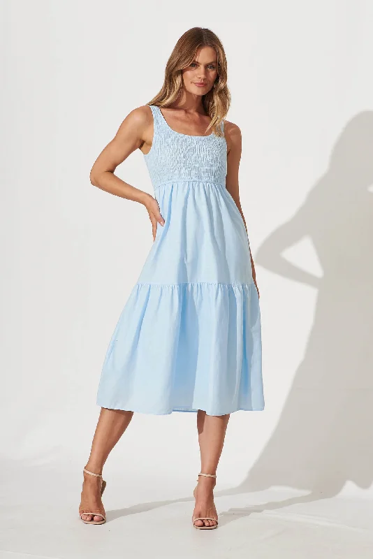 Caribbean Midi Dress In Pale Blue Cotton Linen