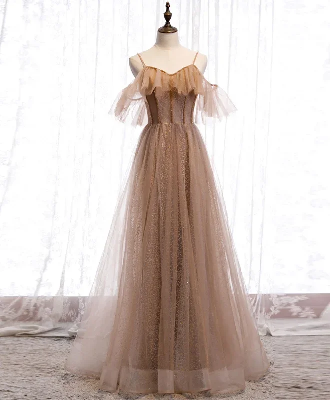 Champagne Tulle Sequin Long Prom Dress Champagne Evening Dress