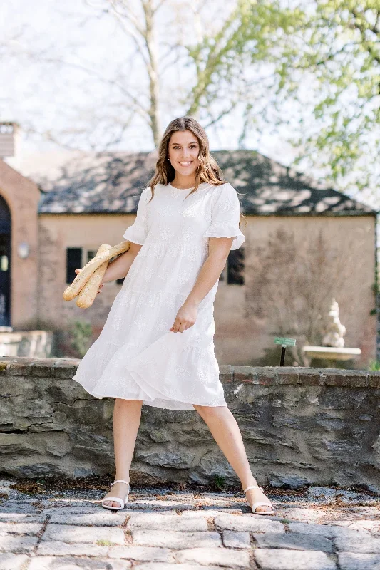 'Cherie' Textured Eyelet Midi Dress in Ivory