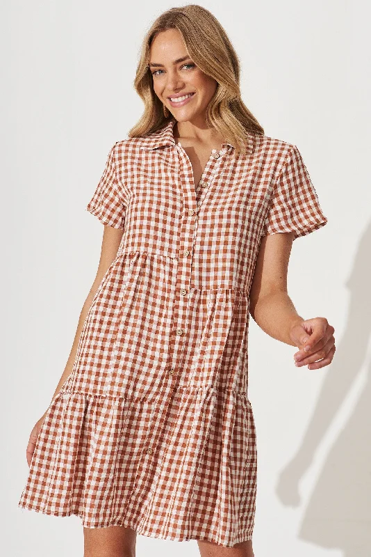 Colette Shirt Dress In Rust And White Gingham Cotton Blend