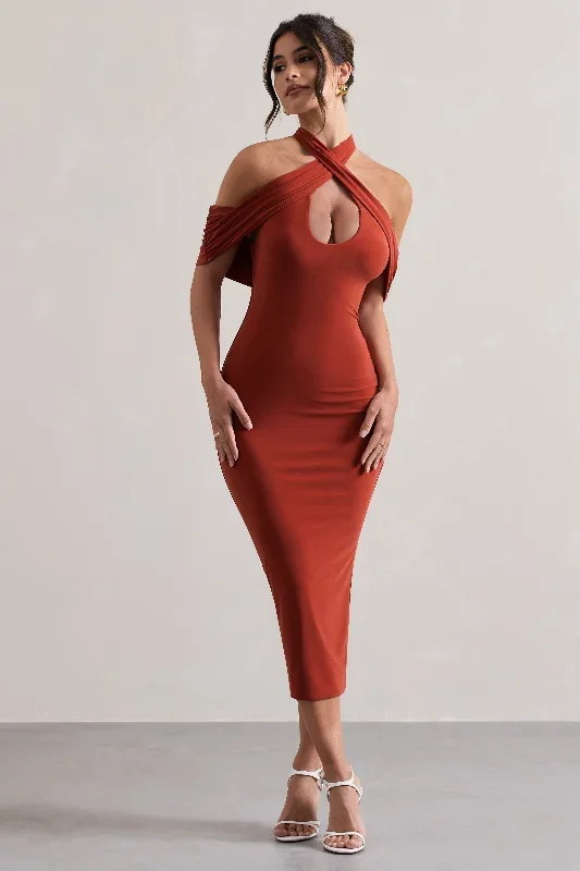 connect-terracotta-bodycon-cross-over-halter-neck-midi-dress-with-cut-out-cl132245165