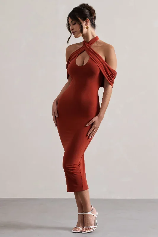 connect-terracotta-bodycon-cross-over-halter-neck-midi-dress-with-cut-out-cl132245165