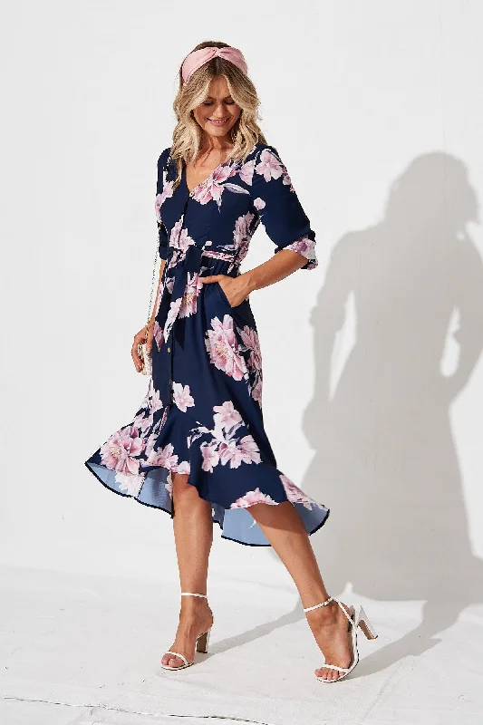 Cora Midi Dress in Navy with Blush Floral