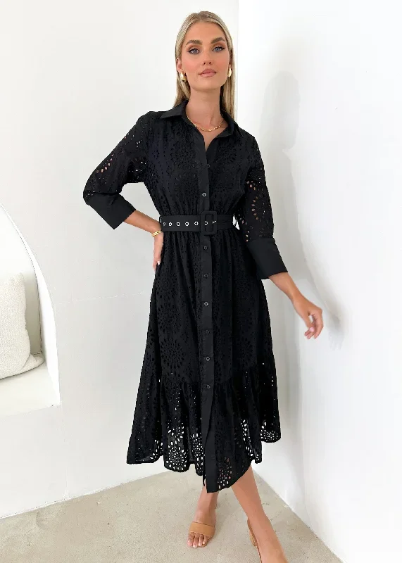 Costeen Midi Dress - Black Anglaise