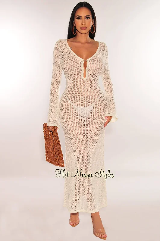 Cream Crochet Bell Sleeve Gold Pin Mermaid Cover Up Dress