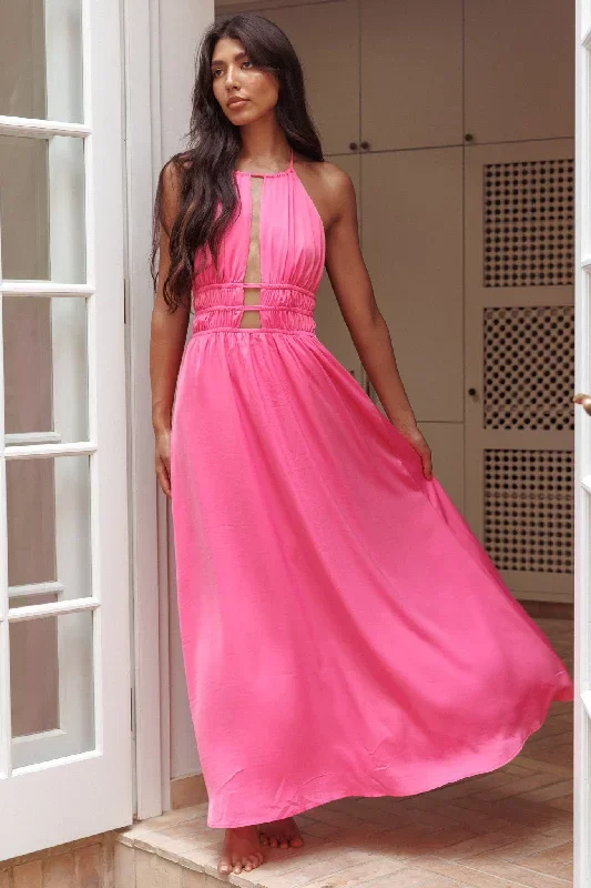 Cyndi Open Back Halterneck Maxi Dress Hot Pink