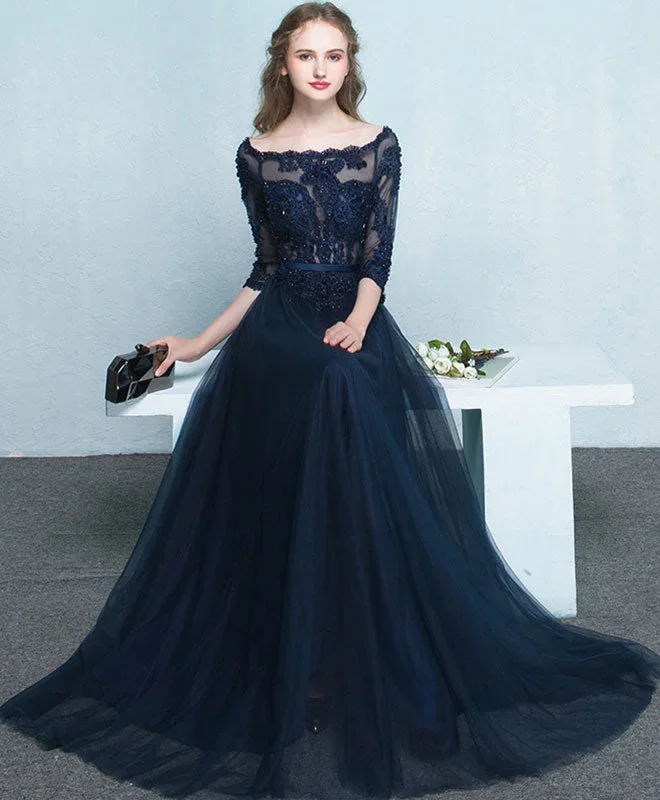 Dark Blue Lace Long Prom Dress, Long Sleeve Evening Dress