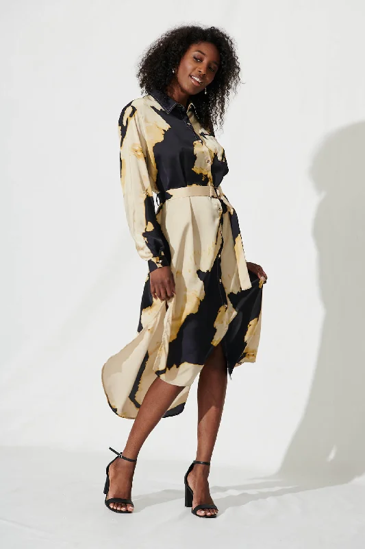 Dayside Midi Shirt Dress In Black And Champagne Satin