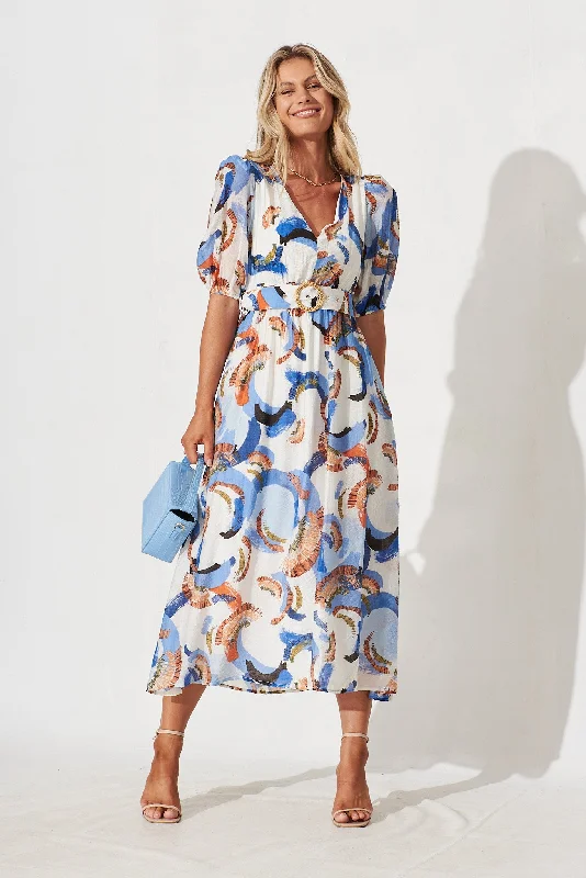 Dilly Midi Dress In White With Blue Multi Print