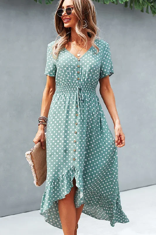 Dots Print High Waist V Neck Casual Dress