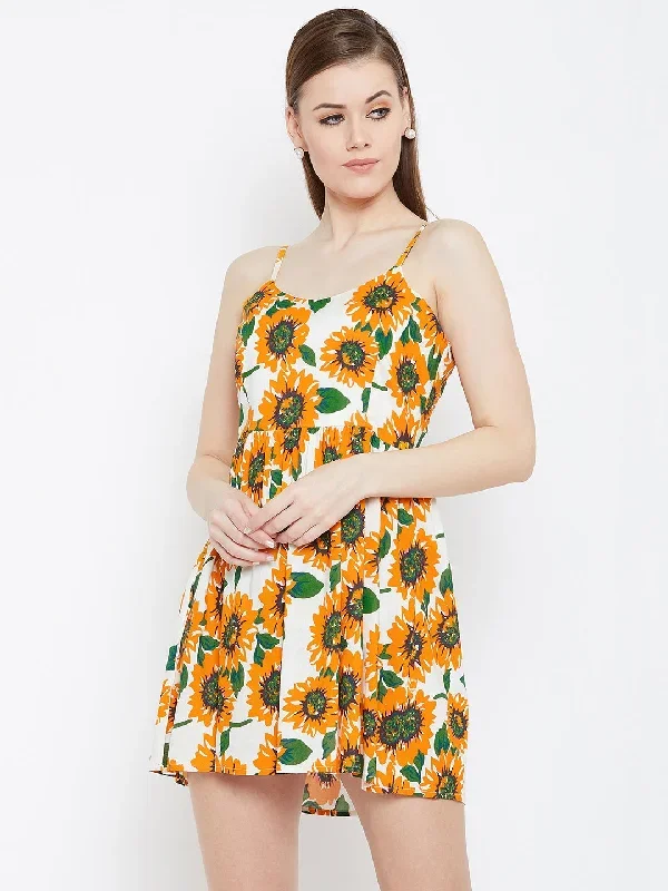 Berrylush Women Yellow & White Sunflower Printed Round Neck Flared Fit & Flare Mini Dress