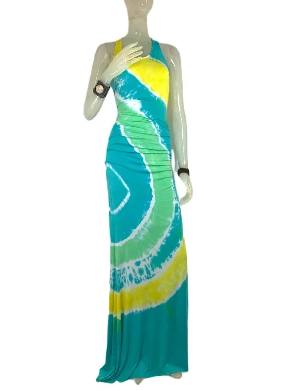 E-Motions Ruched Side Tie Dye Maxi Dress Aqua Yellow TD