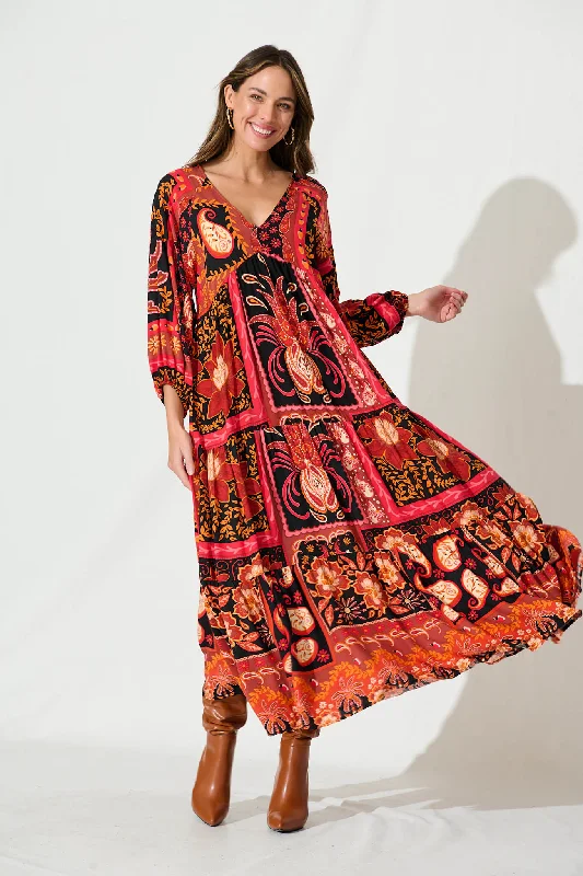 El Mar Maxi Dress In Black With Red Print