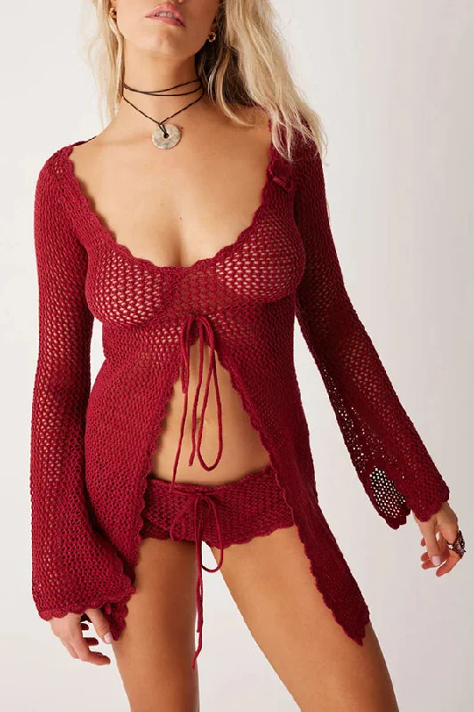 elegant-knitted-cutout-v-neck-lace-up-long-sleeves-cover-ups