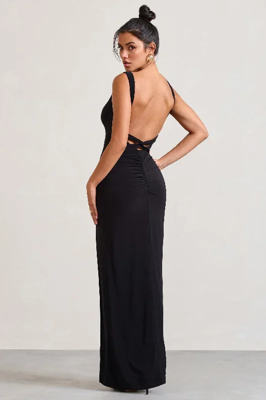 Elle | Black Square-Neck Open-Back Split Maxi Dress