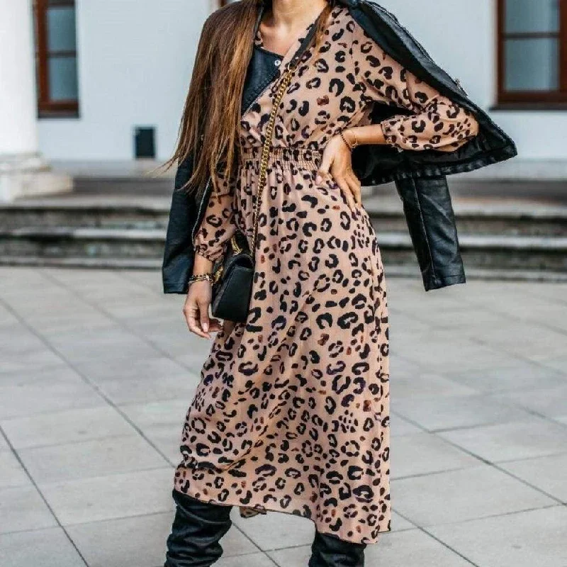 FashionSierra - Fashion Women's Long Sleeve Leopard Print Long Shirt Dress Sexy Ladies V Neck Loose Party Wrap Shirt Maxi Dress