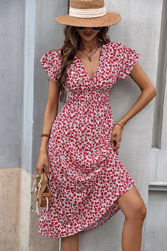 Floral Print V Neck Frill Casual Dress