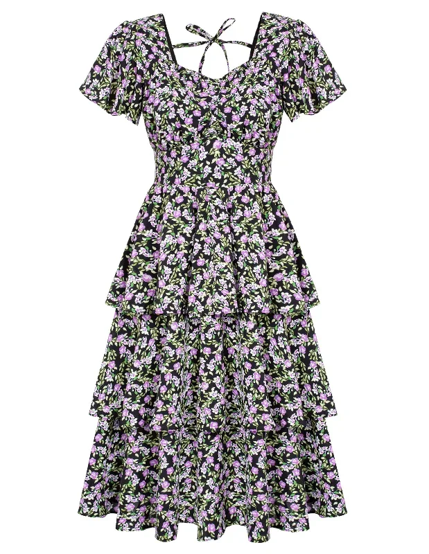 Floral Square Neck Tiered Ruffle Dress 2024 Summer Vintage A-line Swing Midi Dress