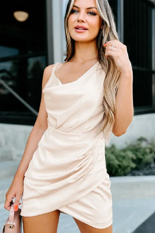 Free Agent Asymmetrical Neck Drape Mini Dress (Ecru)